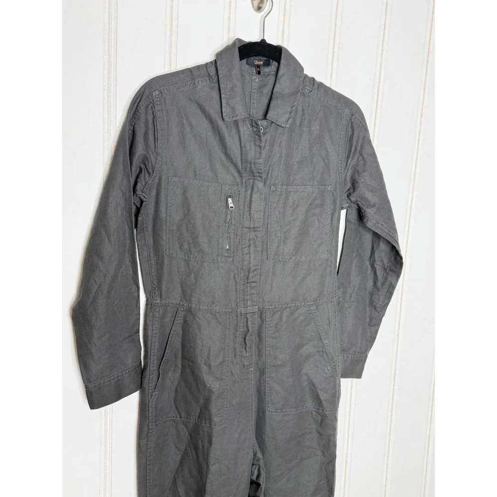 Quince Cotton Linen Twill Long Sleeve Coverall Jumpsuit Charcoal Grey XS